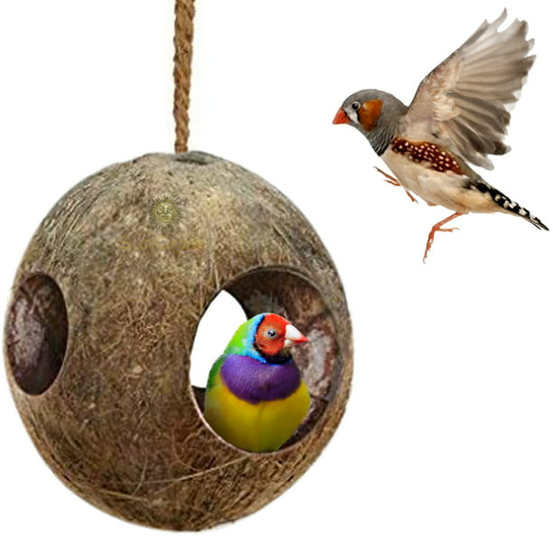 Treat Dispenser Home Decor Real Coconut Husk SunGrow Coco Bird Hut Perfect for Hiding Millet and Nesting Material